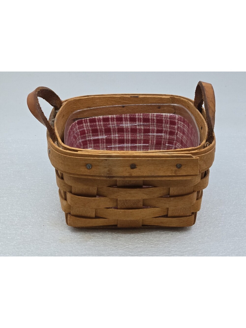 Longaberger Small Rectangle Basket Leather Handles Plaid Liner Protector 1994